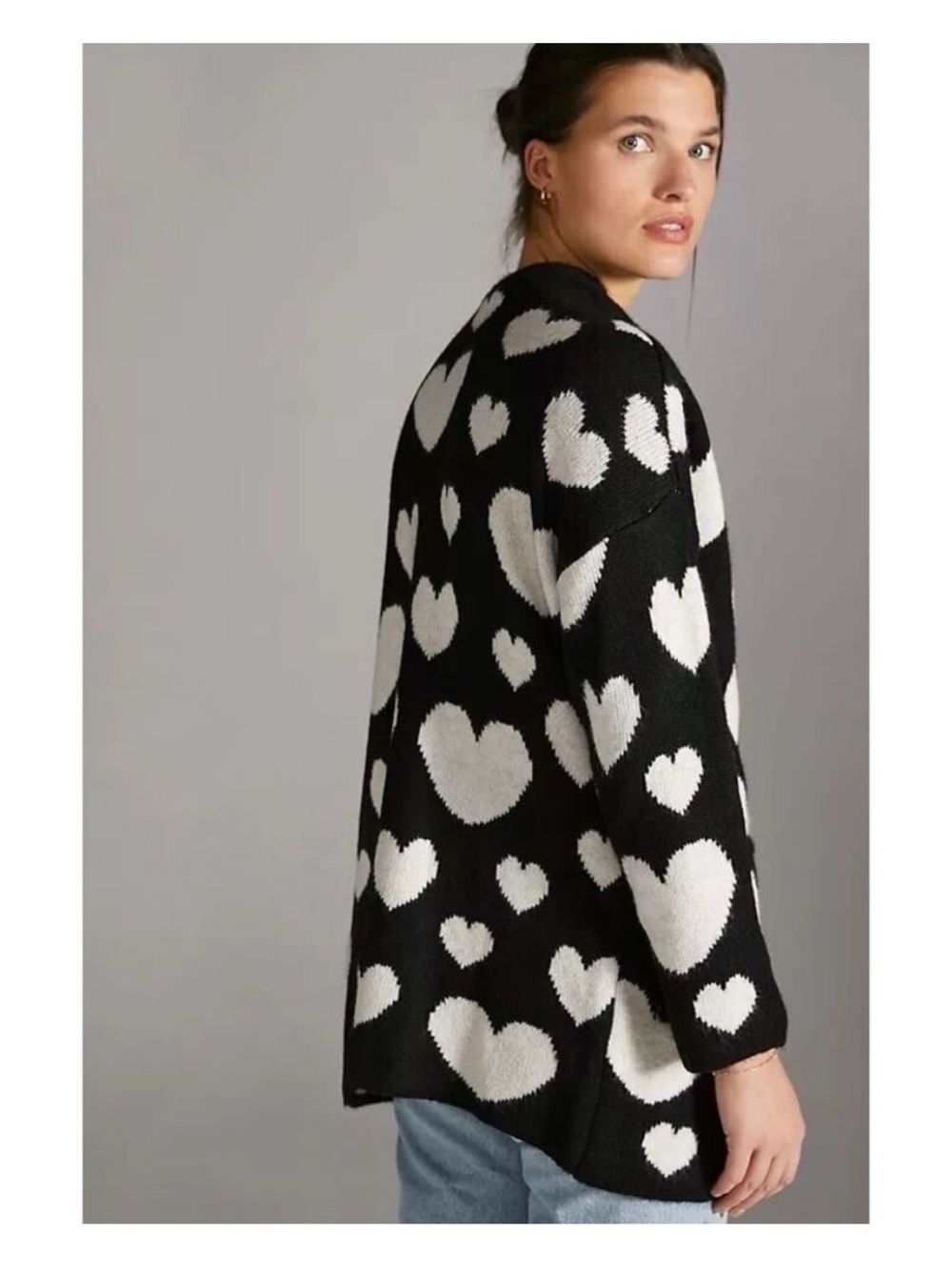 Maeve Anthrolopogie Black White Heart Cardigan Oversized Sweater Size XS/S